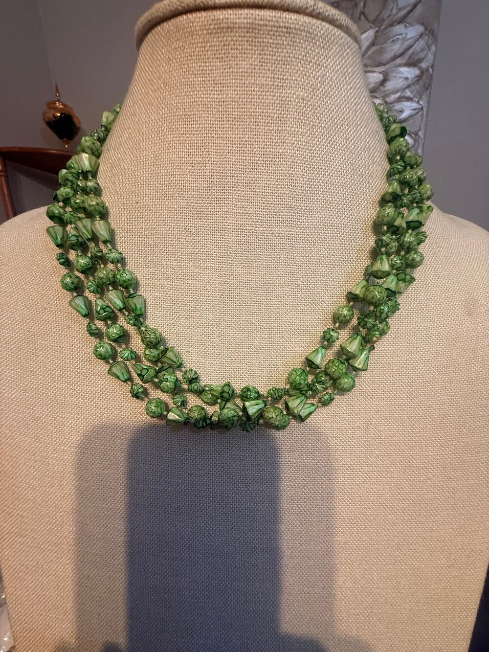 Vintage Green Multi Strand Beaded Necklace 20”
